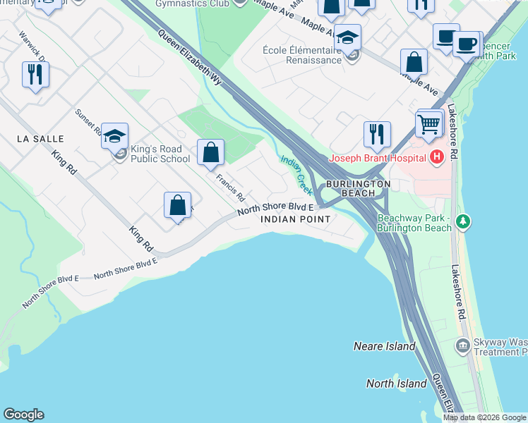 map of restaurants, bars, coffee shops, grocery stores, and more near 1012 North Shore Boulevard East in Burlington