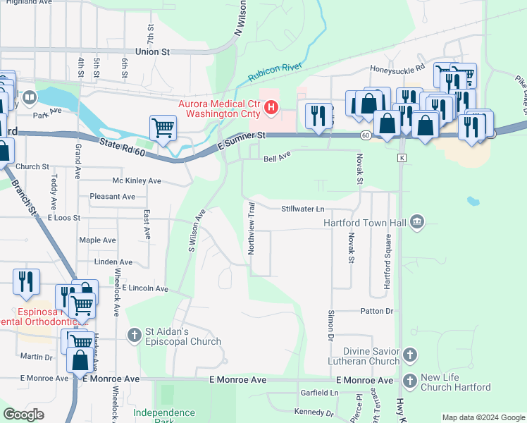 map of restaurants, bars, coffee shops, grocery stores, and more near 1051 Stillwater Lane in Hartford