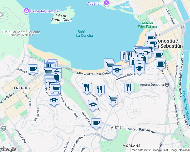 map of restaurants, bars, coffee shops, grocery stores, and more near 32 Mirakontxa Pasealekua in Donostia