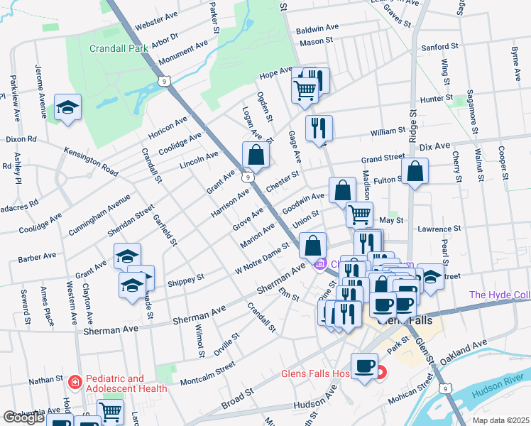 map of restaurants, bars, coffee shops, grocery stores, and more near 444 Glen Street in Glens Falls
