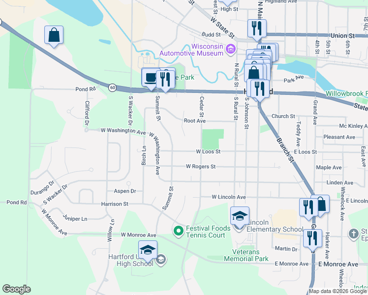 map of restaurants, bars, coffee shops, grocery stores, and more near 419 West Loos Street in Hartford