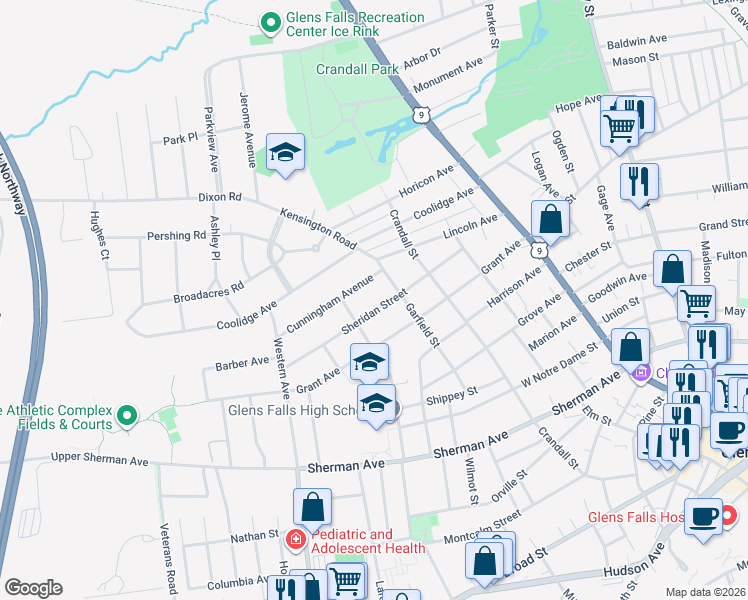 map of restaurants, bars, coffee shops, grocery stores, and more near 45 Sheridan St in Glens Falls