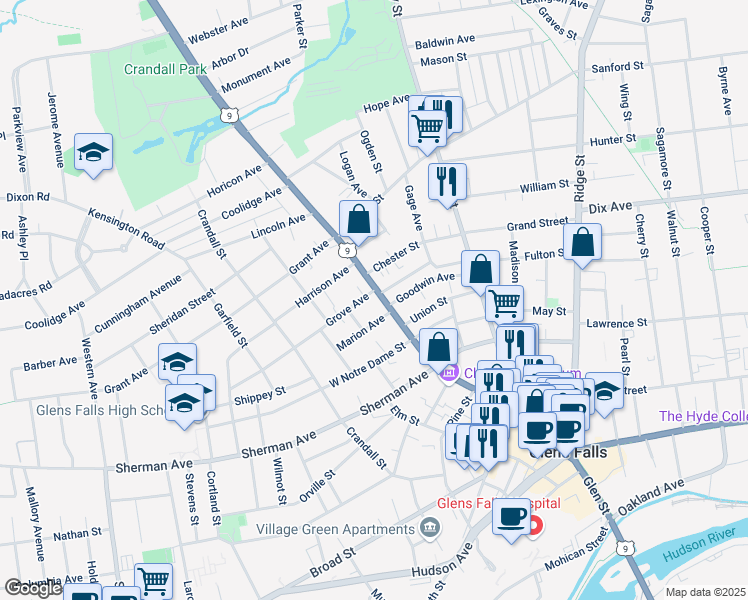 map of restaurants, bars, coffee shops, grocery stores, and more near 444 Glen Street in Glens Falls