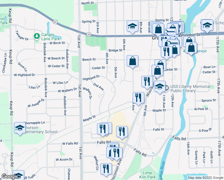map of restaurants, bars, coffee shops, grocery stores, and more near 1661 Highland Drive in Grafton