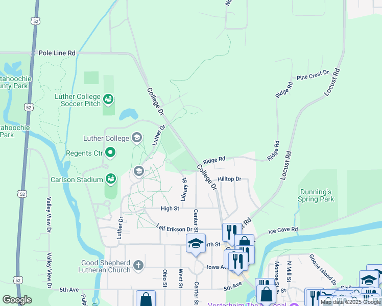 map of restaurants, bars, coffee shops, grocery stores, and more near 700 College Drive in Decorah
