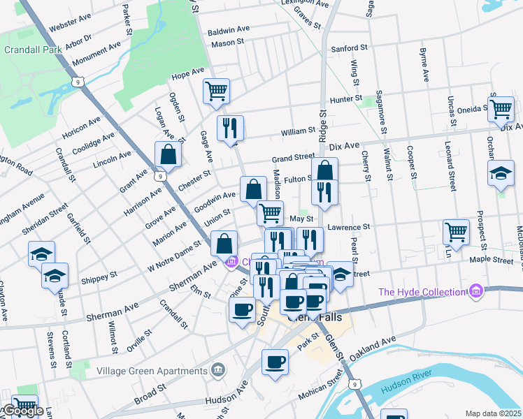 map of restaurants, bars, coffee shops, grocery stores, and more near 4 May Street in Glens Falls
