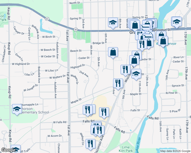 map of restaurants, bars, coffee shops, grocery stores, and more near 1661 Highland Drive in Grafton
