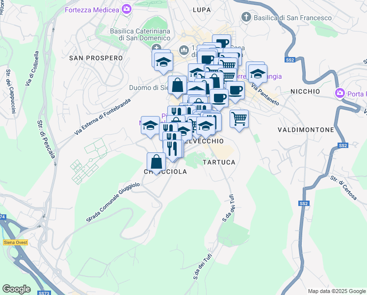 map of restaurants, bars, coffee shops, grocery stores, and more near 17 Via delle Cerchia in Siena