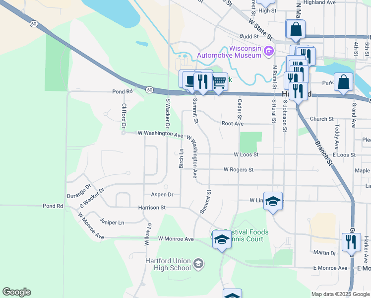 map of restaurants, bars, coffee shops, grocery stores, and more near 308 Birch Lane in Hartford