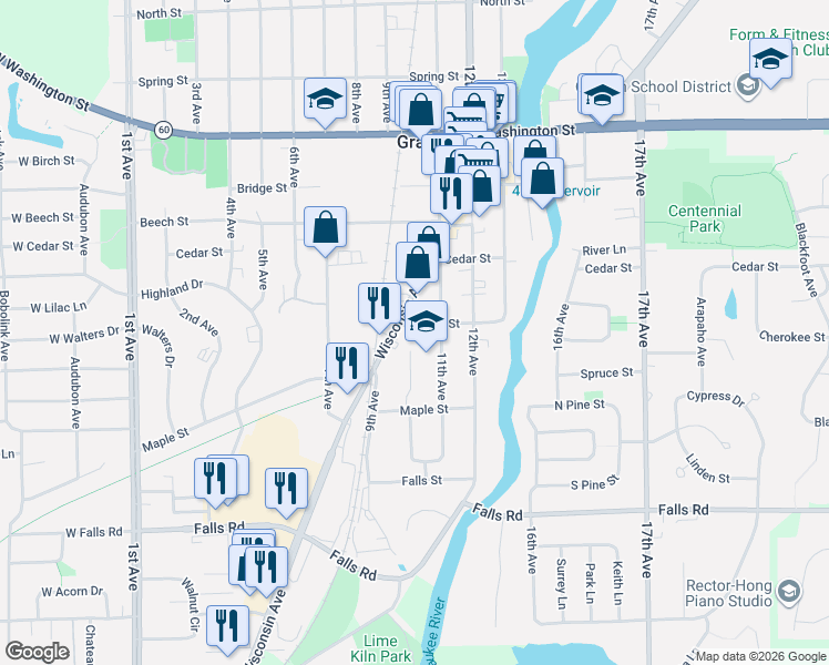 map of restaurants, bars, coffee shops, grocery stores, and more near 1009 Broad Street in Grafton