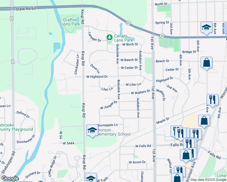 map of restaurants, bars, coffee shops, grocery stores, and more near 328 Juniper Court in Grafton