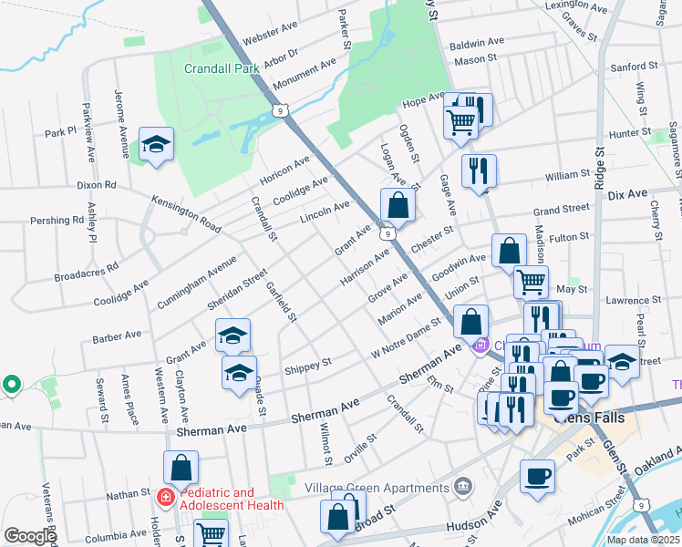 map of restaurants, bars, coffee shops, grocery stores, and more near 31 Harrison Avenue in Glens Falls
