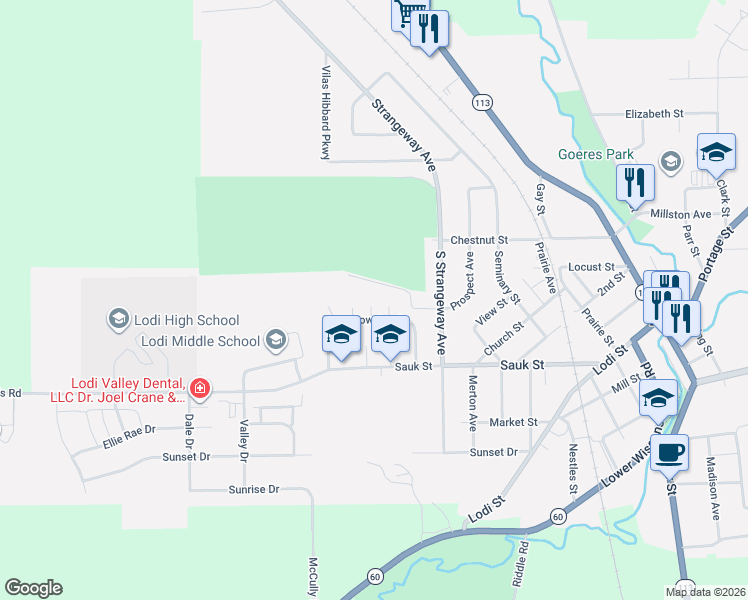 map of restaurants, bars, coffee shops, grocery stores, and more near 705 Meadowview Lane in Lodi