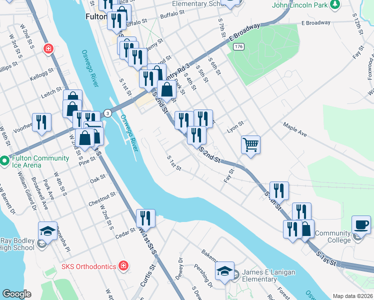 map of restaurants, bars, coffee shops, grocery stores, and more near 107 Lyon Street in Fulton