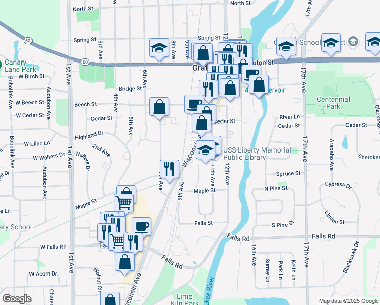 map of restaurants, bars, coffee shops, grocery stores, and more near 1615 Wisconsin Avenue in Grafton
