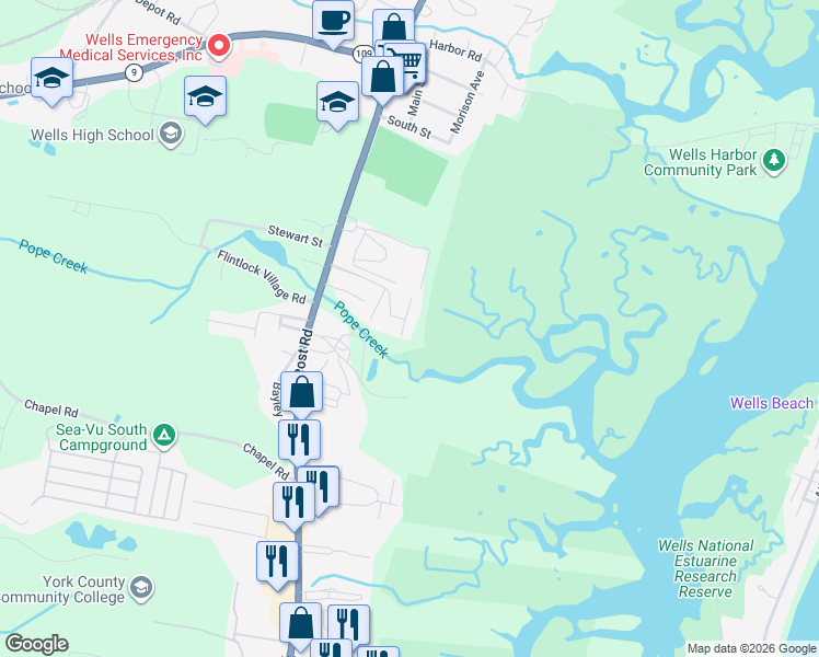 map of restaurants, bars, coffee shops, grocery stores, and more near 1373 Post Road in Wells