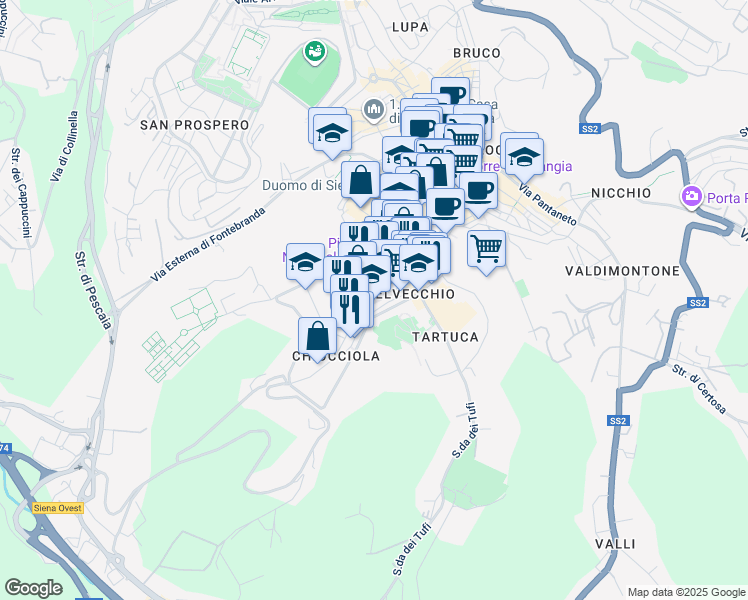 map of restaurants, bars, coffee shops, grocery stores, and more near 17 Via delle Cerchia in Siena