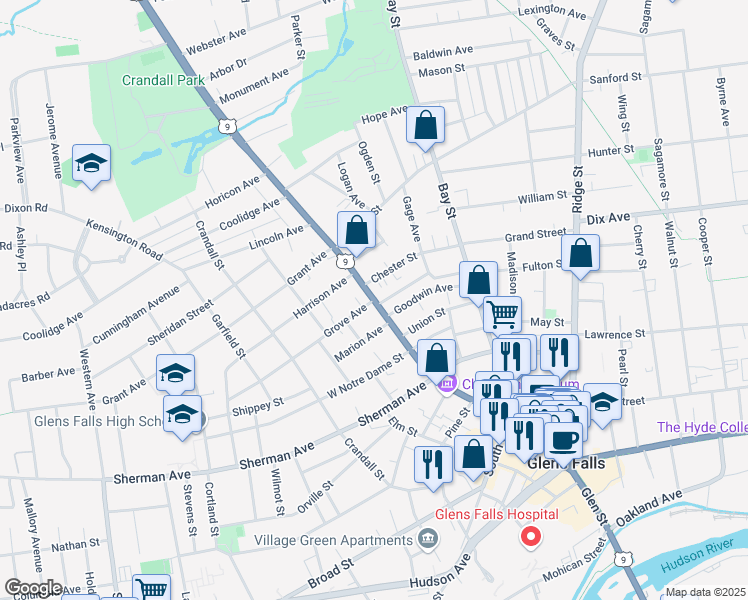 map of restaurants, bars, coffee shops, grocery stores, and more near Glen Street & Grove Avenue in Glens Falls