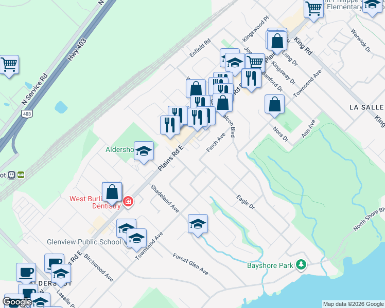 map of restaurants, bars, coffee shops, grocery stores, and more near 329 Finch Avenue in Burlington