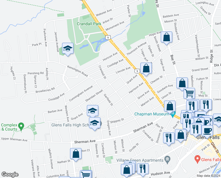 map of restaurants, bars, coffee shops, grocery stores, and more near 88 Crandall Street in Glens Falls