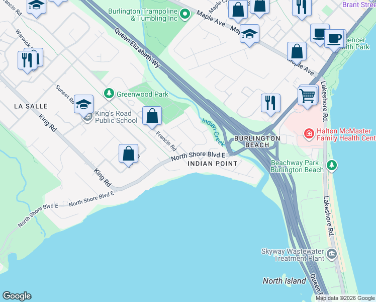 map of restaurants, bars, coffee shops, grocery stores, and more near 1019 North Shore Boulevard East in Burlington