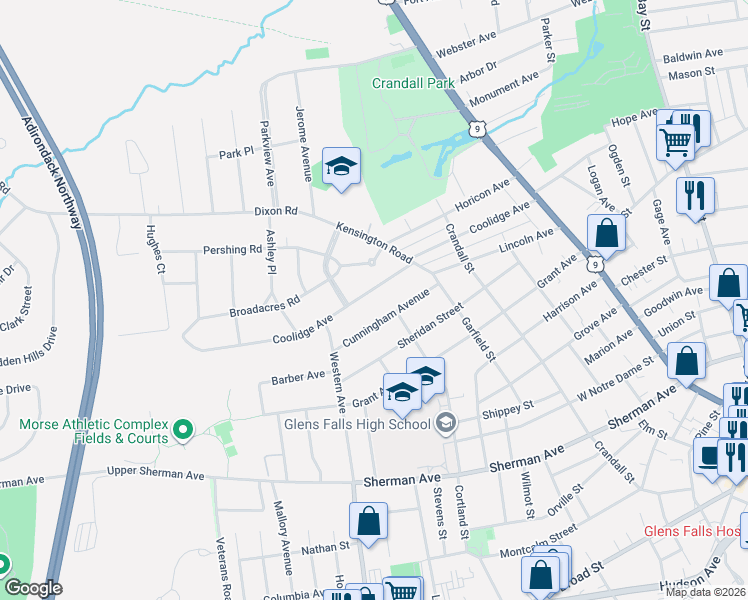 map of restaurants, bars, coffee shops, grocery stores, and more near 37 Cunningham Avenue in Glens Falls