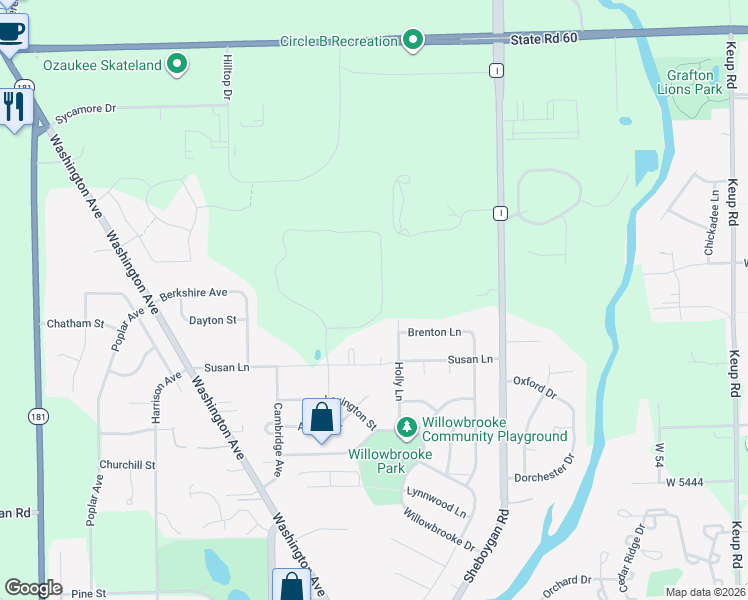 map of restaurants, bars, coffee shops, grocery stores, and more near W63N1053 Holly Lane in Cedarburg