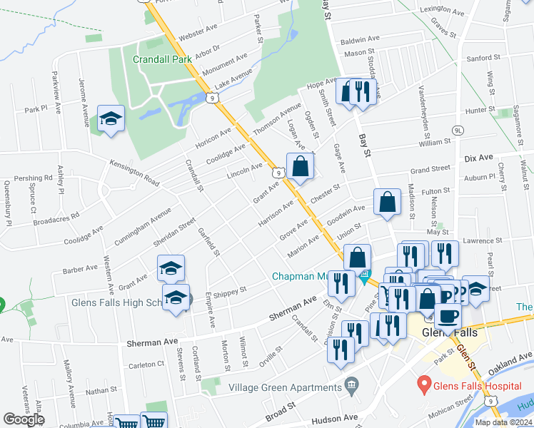 map of restaurants, bars, coffee shops, grocery stores, and more near 19 Harrison Avenue in Glens Falls