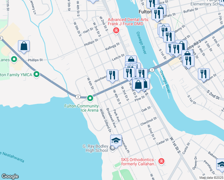 map of restaurants, bars, coffee shops, grocery stores, and more near 401 West Broadway in Fulton