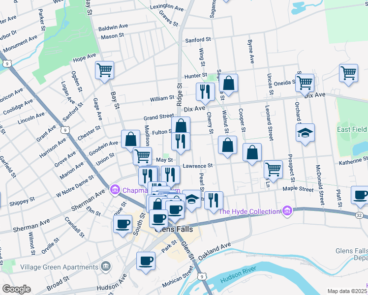 map of restaurants, bars, coffee shops, grocery stores, and more near 8 Traver Street in Glens Falls