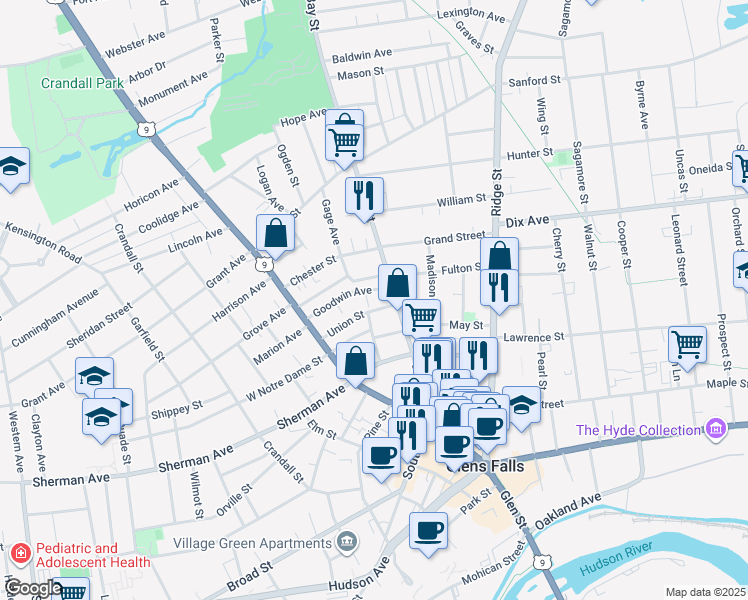map of restaurants, bars, coffee shops, grocery stores, and more near 23 Harlem Street in Glens Falls