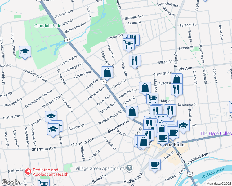 map of restaurants, bars, coffee shops, grocery stores, and more near 437 Glen Street in Glens Falls