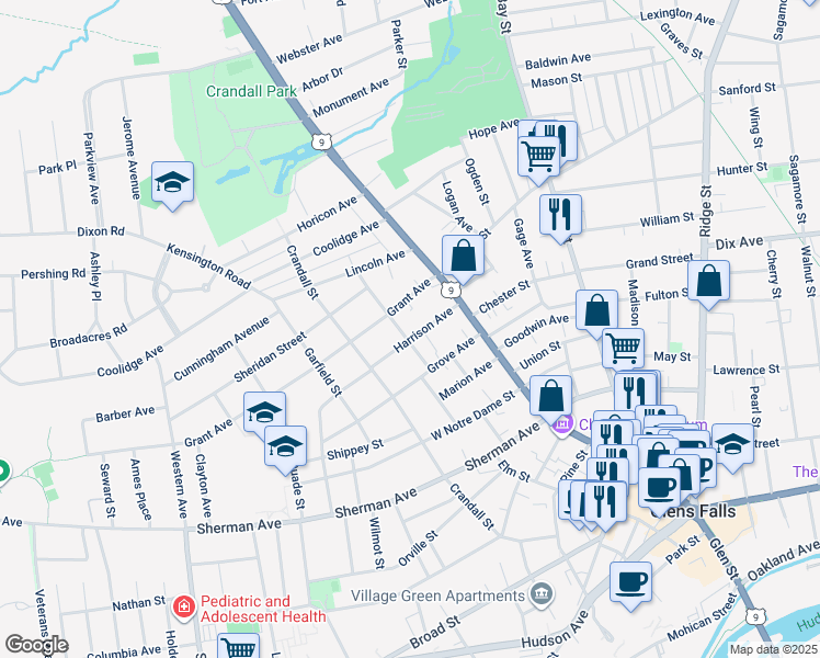 map of restaurants, bars, coffee shops, grocery stores, and more near 1 Davis Street in Glens Falls