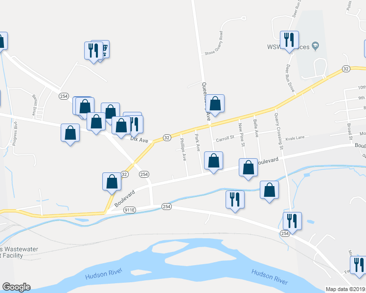 map of restaurants, bars, coffee shops, grocery stores, and more near 18 Phillips Avenue in Queensbury