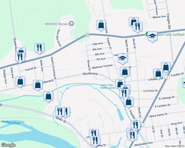 map of restaurants, bars, coffee shops, grocery stores, and more near 1 Oakwood Drive in Hudson Falls