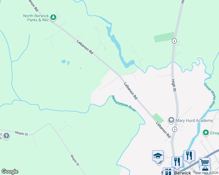 map of restaurants, bars, coffee shops, grocery stores, and more near 83 Lebanon Road in North Berwick