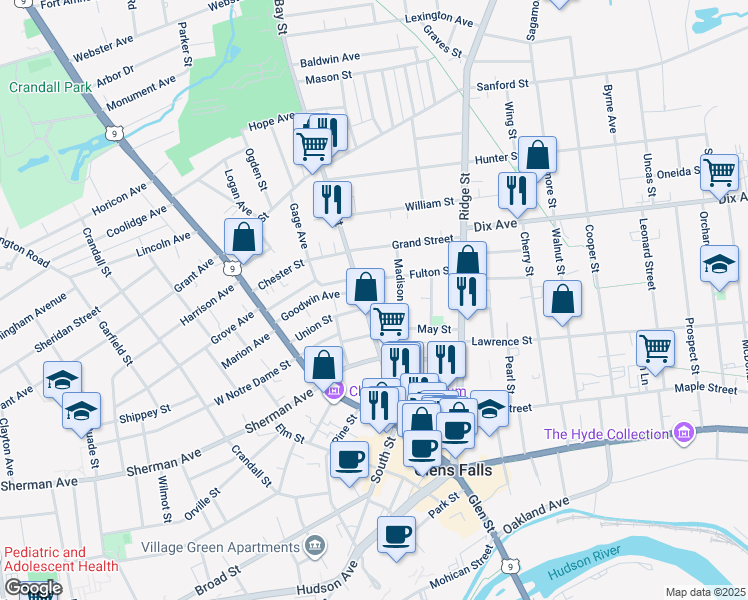 map of restaurants, bars, coffee shops, grocery stores, and more near 5 Fulton Street in Glens Falls
