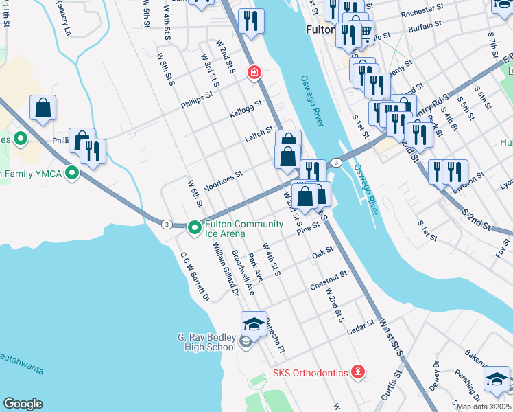 map of restaurants, bars, coffee shops, grocery stores, and more near 214 West Broadway in Fulton