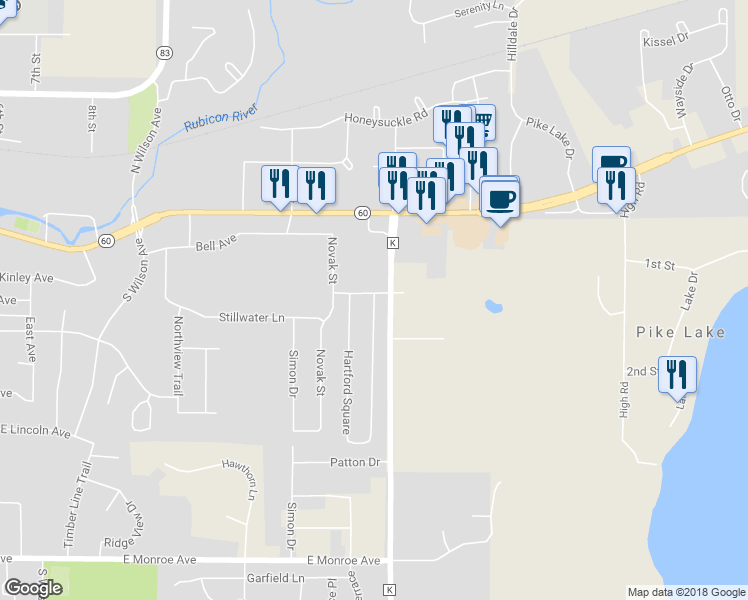 map of restaurants, bars, coffee shops, grocery stores, and more near 201 Hartford Square in Hartford