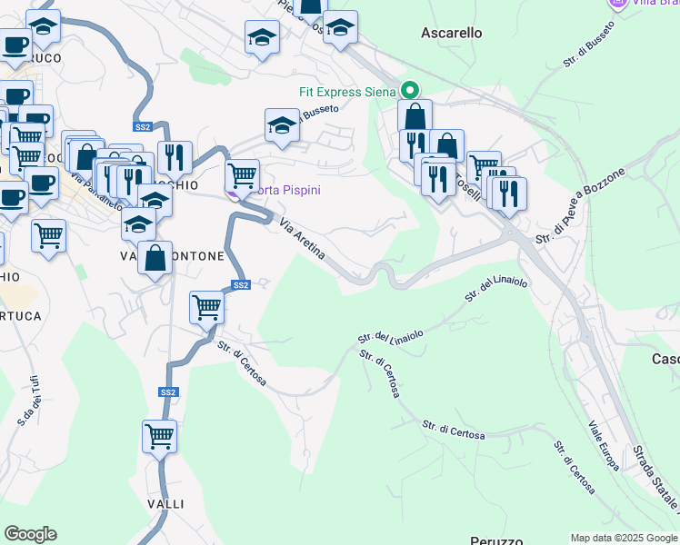 map of restaurants, bars, coffee shops, grocery stores, and more near 42 Strada Sant'Eugenia in Siena