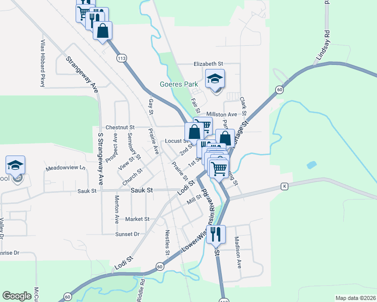 map of restaurants, bars, coffee shops, grocery stores, and more near 121 2nd Street in Lodi