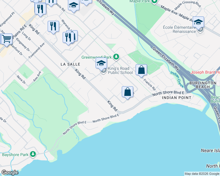 map of restaurants, bars, coffee shops, grocery stores, and more near 643 Gayne Boulevard in Burlington