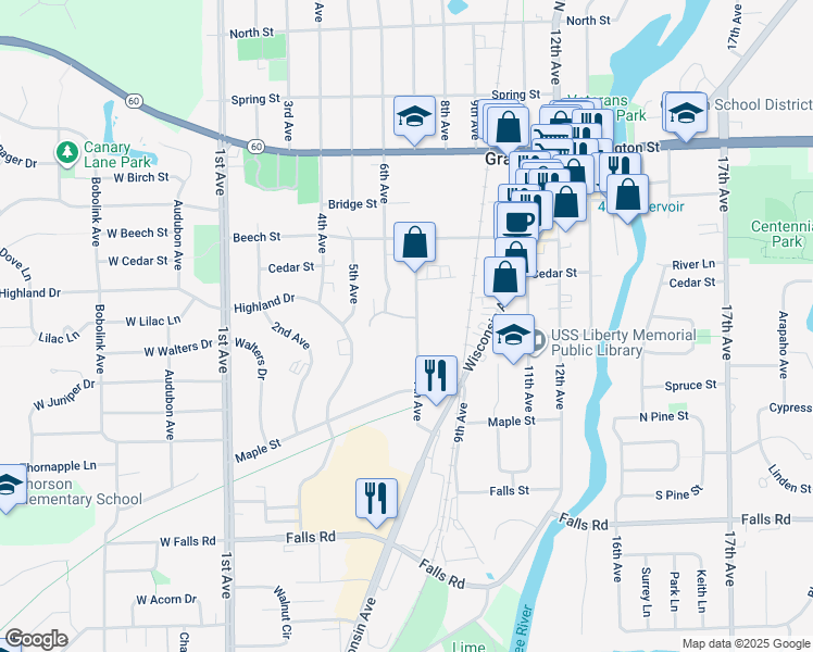 map of restaurants, bars, coffee shops, grocery stores, and more near 1531 7th Avenue in Grafton