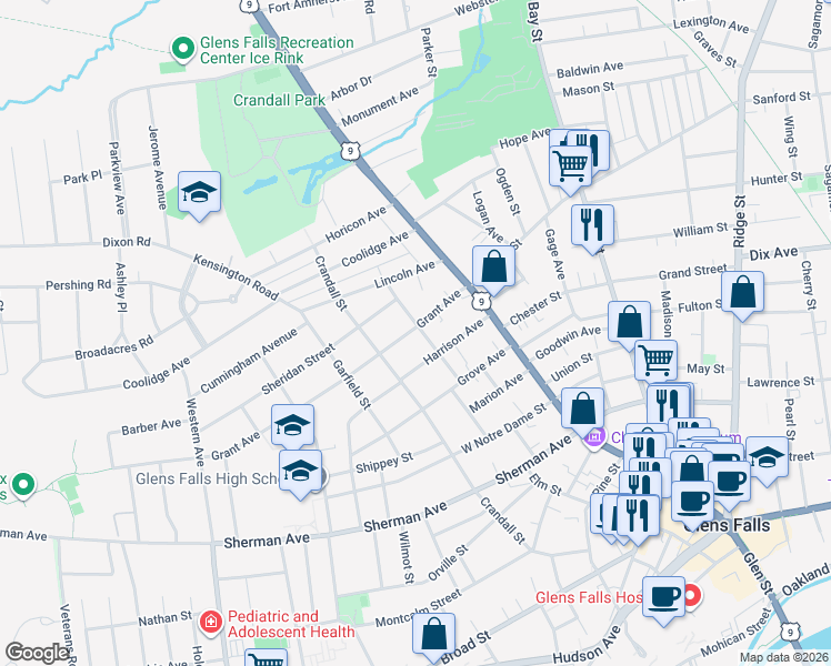 map of restaurants, bars, coffee shops, grocery stores, and more near 20 Davis Street in Glens Falls