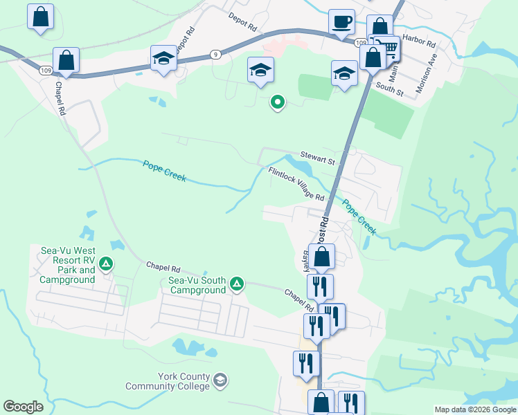 map of restaurants, bars, coffee shops, grocery stores, and more near 46 Poplar Park Drive in Wells