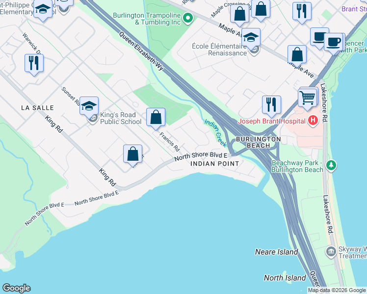 map of restaurants, bars, coffee shops, grocery stores, and more near 1019 North Shore Boulevard East in Burlington