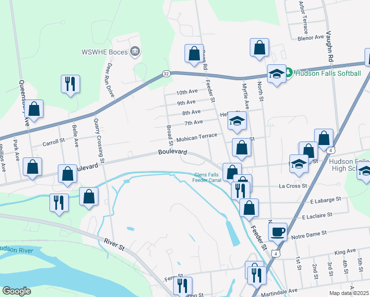 map of restaurants, bars, coffee shops, grocery stores, and more near 17 Mohican Terrace in Hudson Falls