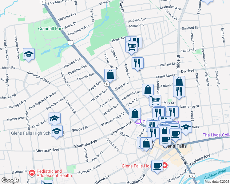map of restaurants, bars, coffee shops, grocery stores, and more near 453 Glen Street in Glens Falls