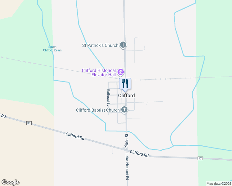 map of restaurants, bars, coffee shops, grocery stores, and more near 4445 Bellamy Street in Clifford