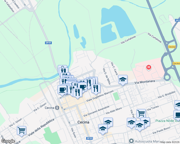 map of restaurants, bars, coffee shops, grocery stores, and more near 34 Via Giovanni Pegolotti in Cecina